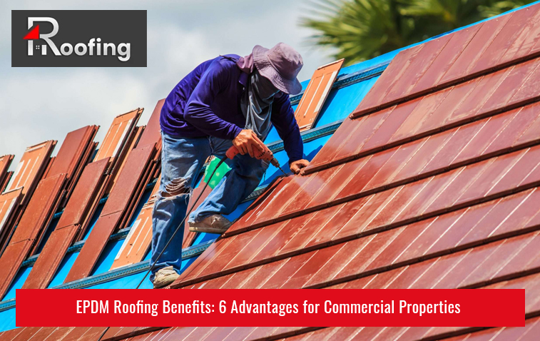 Technicians installing EPDM roofing on a commercial building