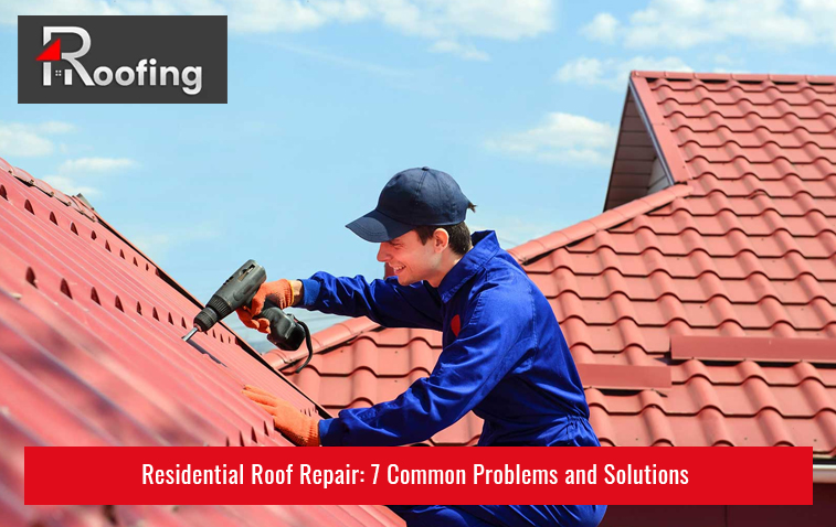 Roof repair work in progress with technician fixing damaged shingles.